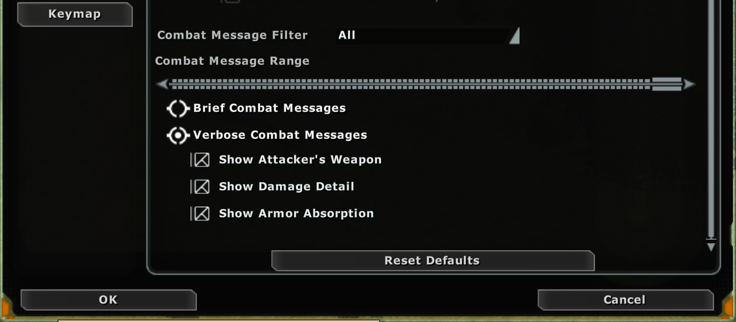 SWG options window, Chat page: Combat Message Filter set to All, Combat Message Range slider at maximum, Verbose Combat Messages selected with Show Attacker's Weapon, Show Damage Detail and Show Armor Absorption all ticked